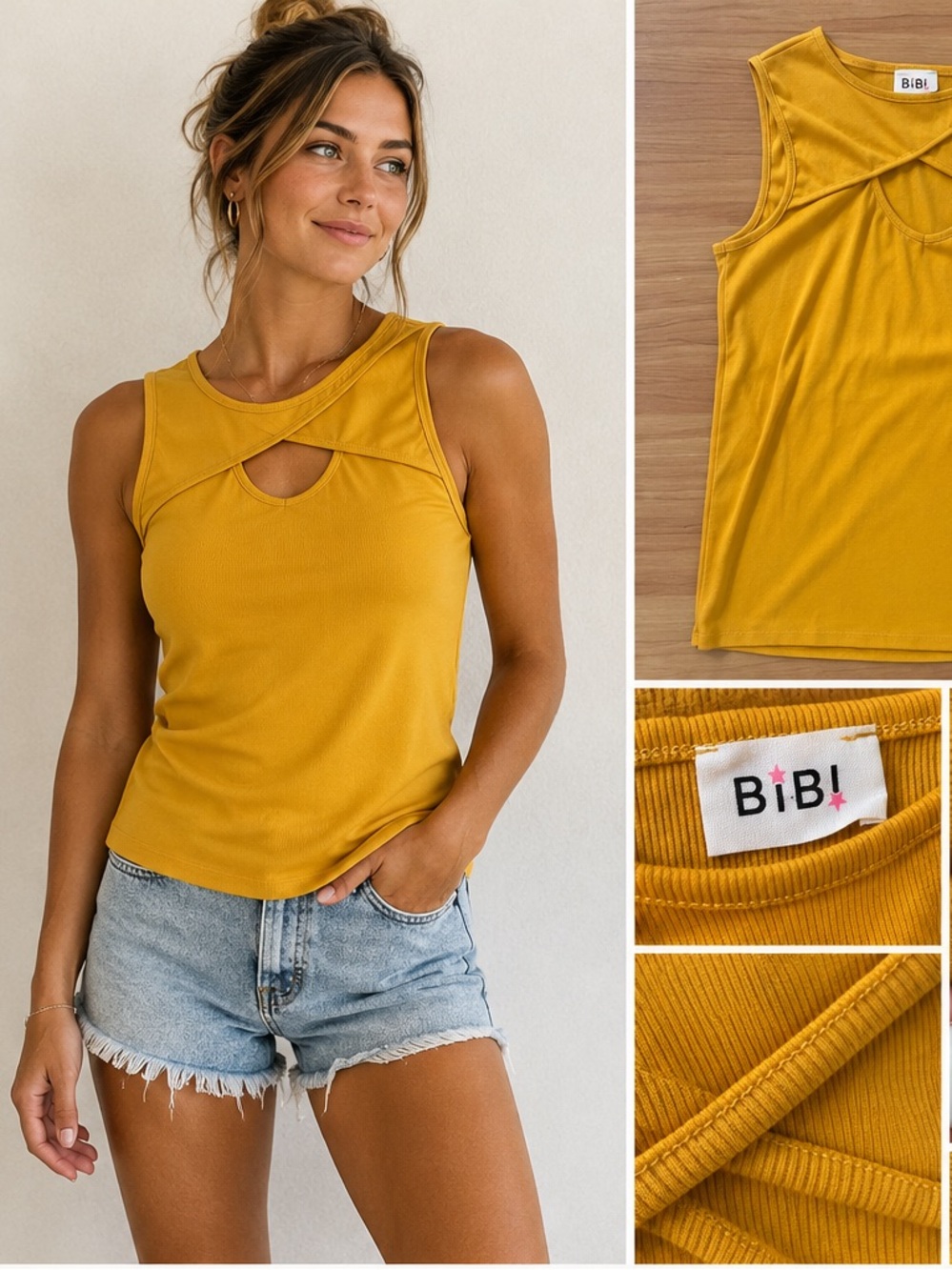 BiBi Mustard Yellow Crisscross-Detail Ribbed Tank